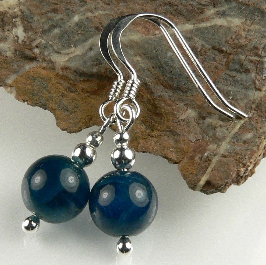 Sterling silver & 8mm (+/-) Blue Apatite (A grade) semi-precious stone drop earrings, in a gift box