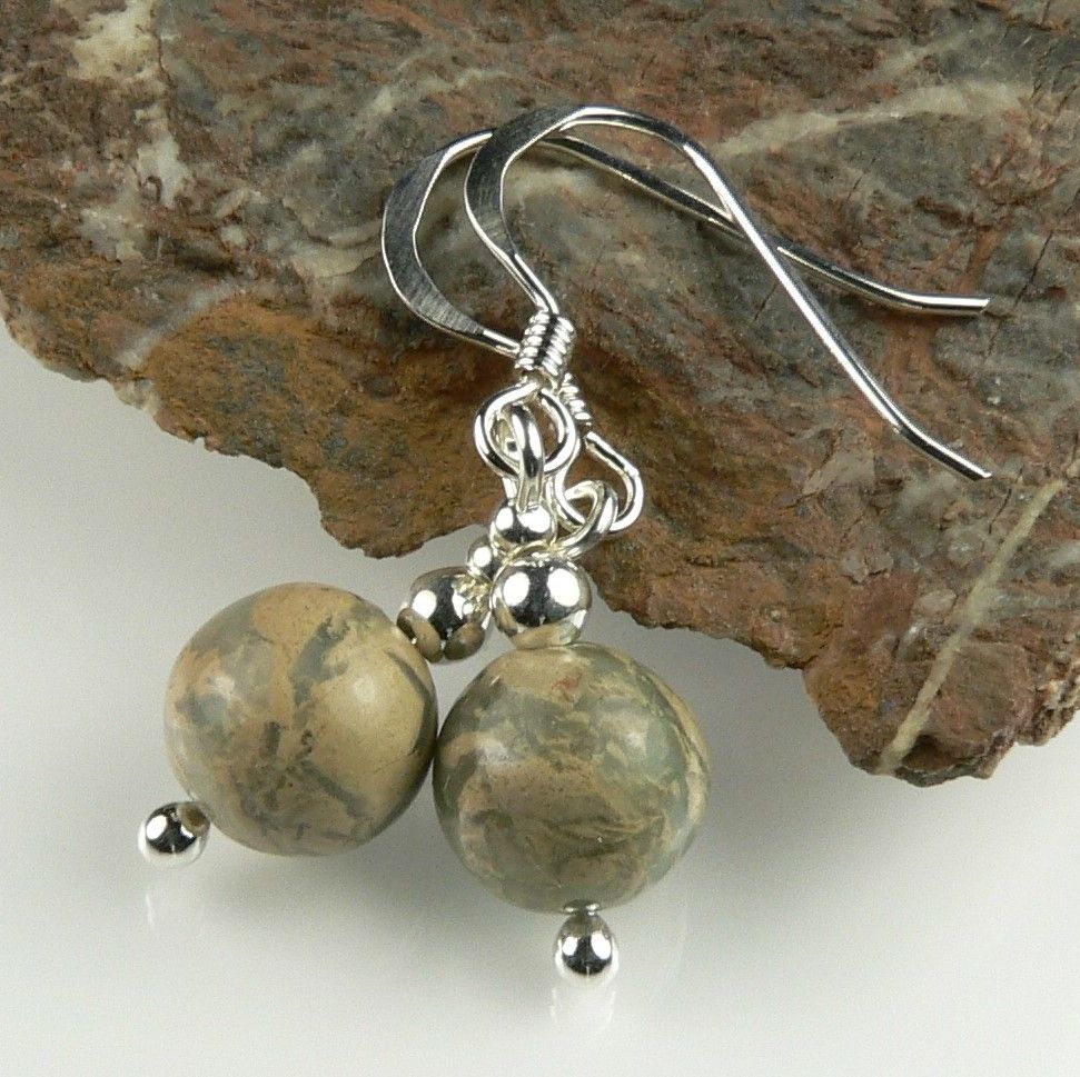 Sterling silver & 8mm (+/-) Imperial Jasper semi-precious stone drop earrings, in a gift box