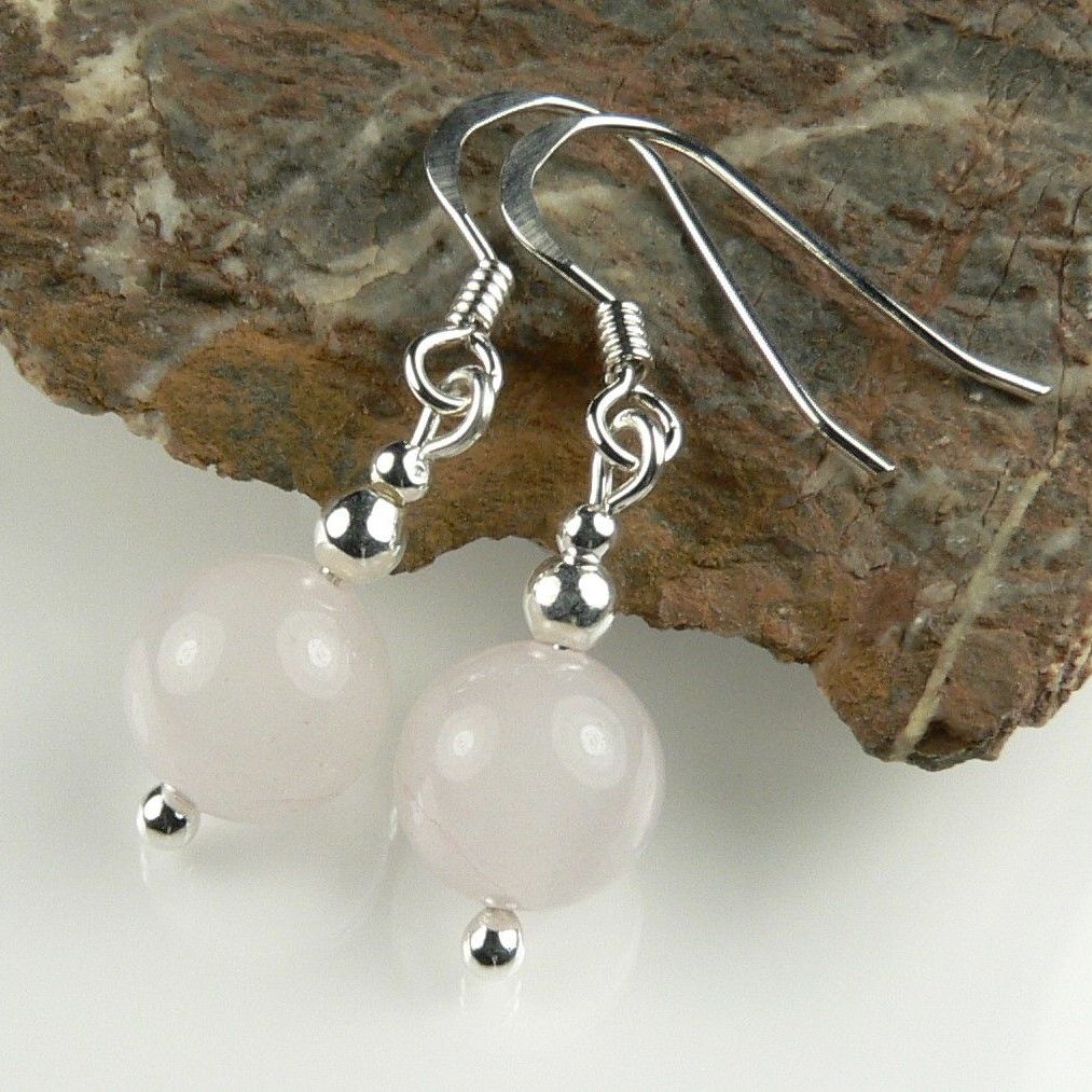 Sterling silver & 8mm (+/-) Rose Quartz semi-precious stone drop earrings, in a gift box