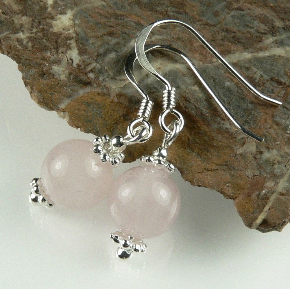 Sterling silver & 8mm (+/-) Rose Quartz semi-precious stone & daisies drop earrings, in a gift box