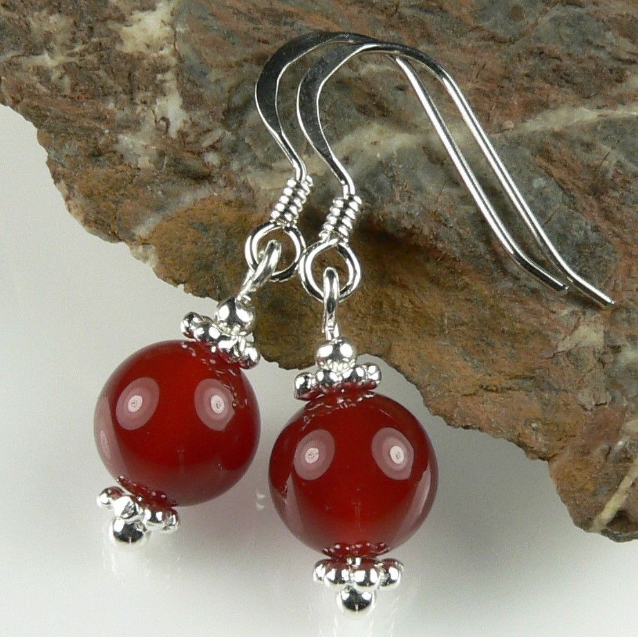 Sterling silver & 8mm (+/-) Red Agate semi-precious stone & daisies drop earrings, in a gift box