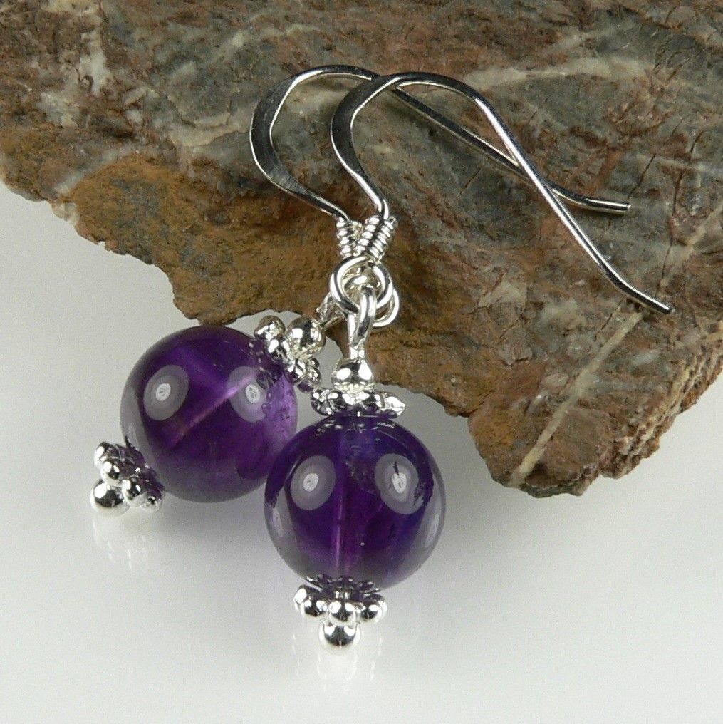 Sterling silver & 8mm (+/-) Amethyst semi-precious stone & daisies drop earrings, in a gift box