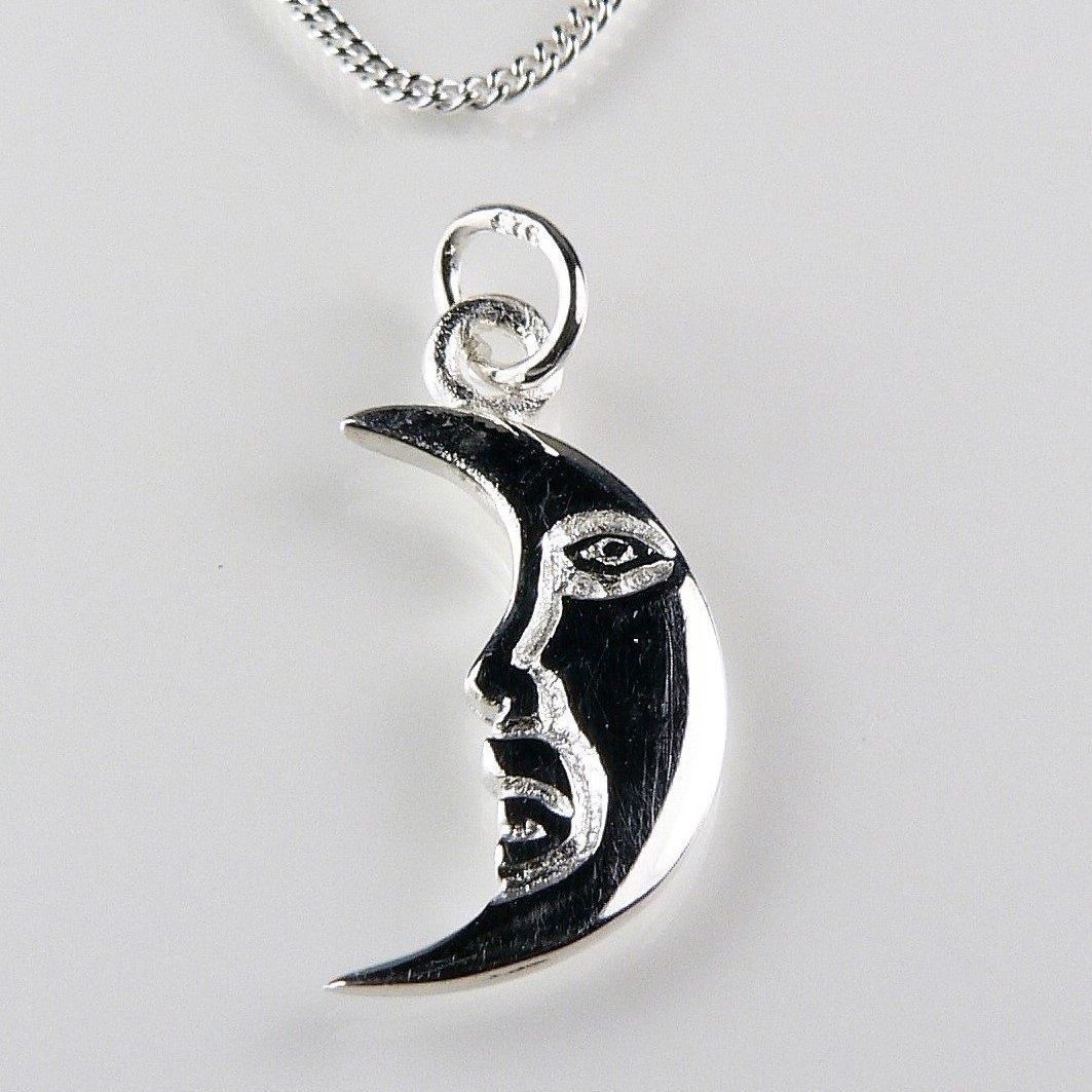 Sterling silver 17mm moon with a face pendant, with/out 16" or 18" fine curb chain, in a gift box