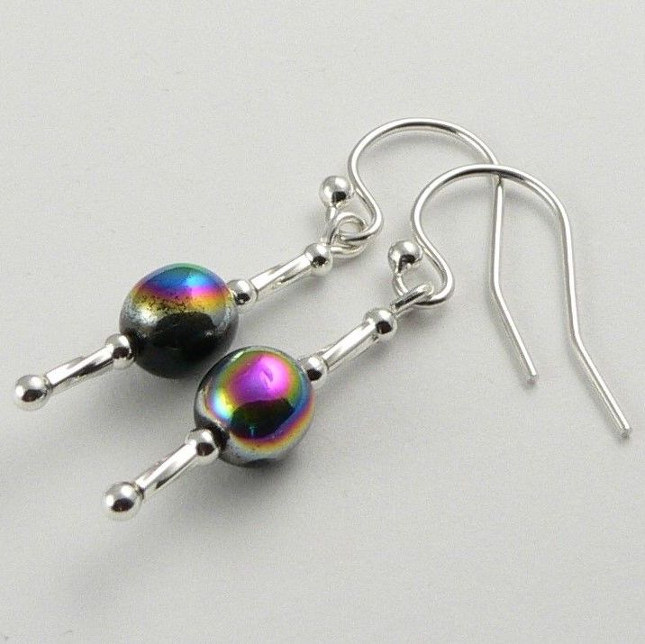 Sterling silver Czech glass earrings, in a gift box (double twist) - 6mm (+/-) (Rainbow Black RN6M14)