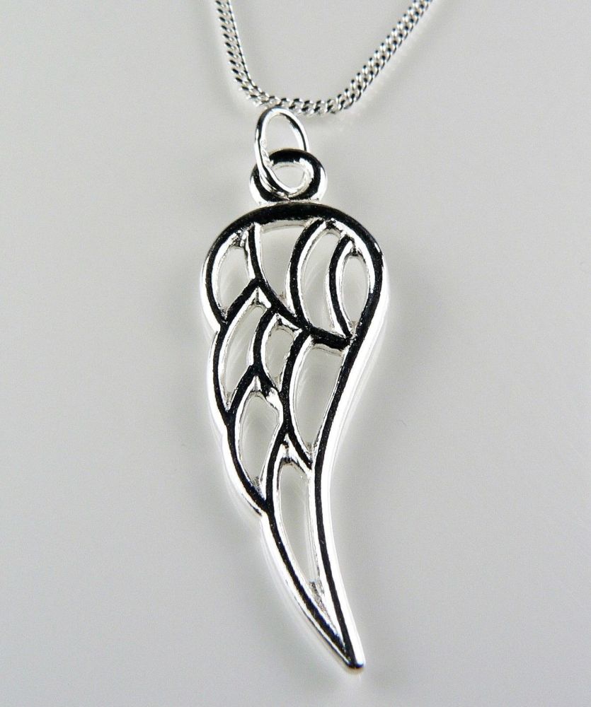 Sterling silver 29mm angel wing pendant, with/out 16" or 18" fine curb chain, in a gift box with a silver polishing cloth