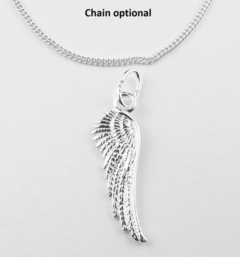 Sterling silver 21mm angel wing pendant, with/out 16" or 18" fine curb chain, in a gift box, with silver polishing cloth