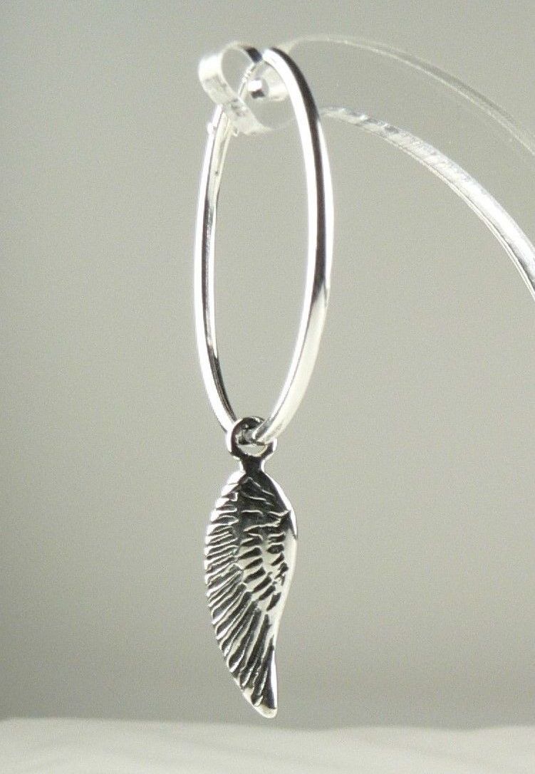 Pair of 18mm oxidized sterling silver angel wing earrings, on either hoops or fish wires, in a gift box