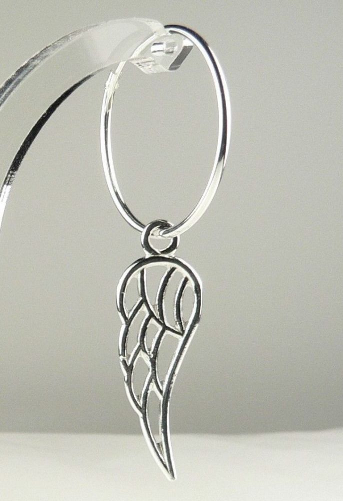 Pair of 29mm sterling silver angel wings, on hoop earrings, in a gift box with a silver polishing cloth