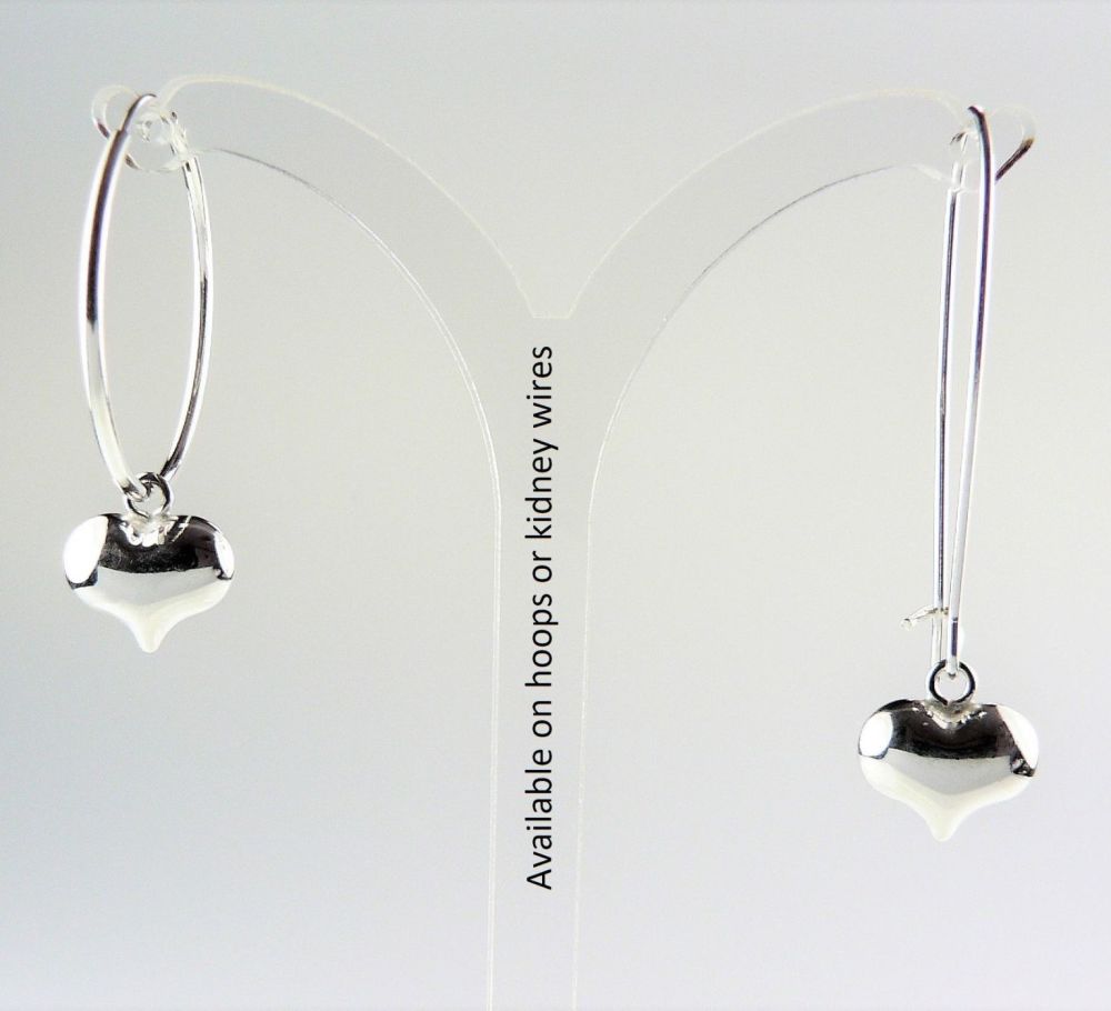 Sterling silver earrings with 11mm puffed hearts, on either hoop, kidney, french or fish wires, in a gift box