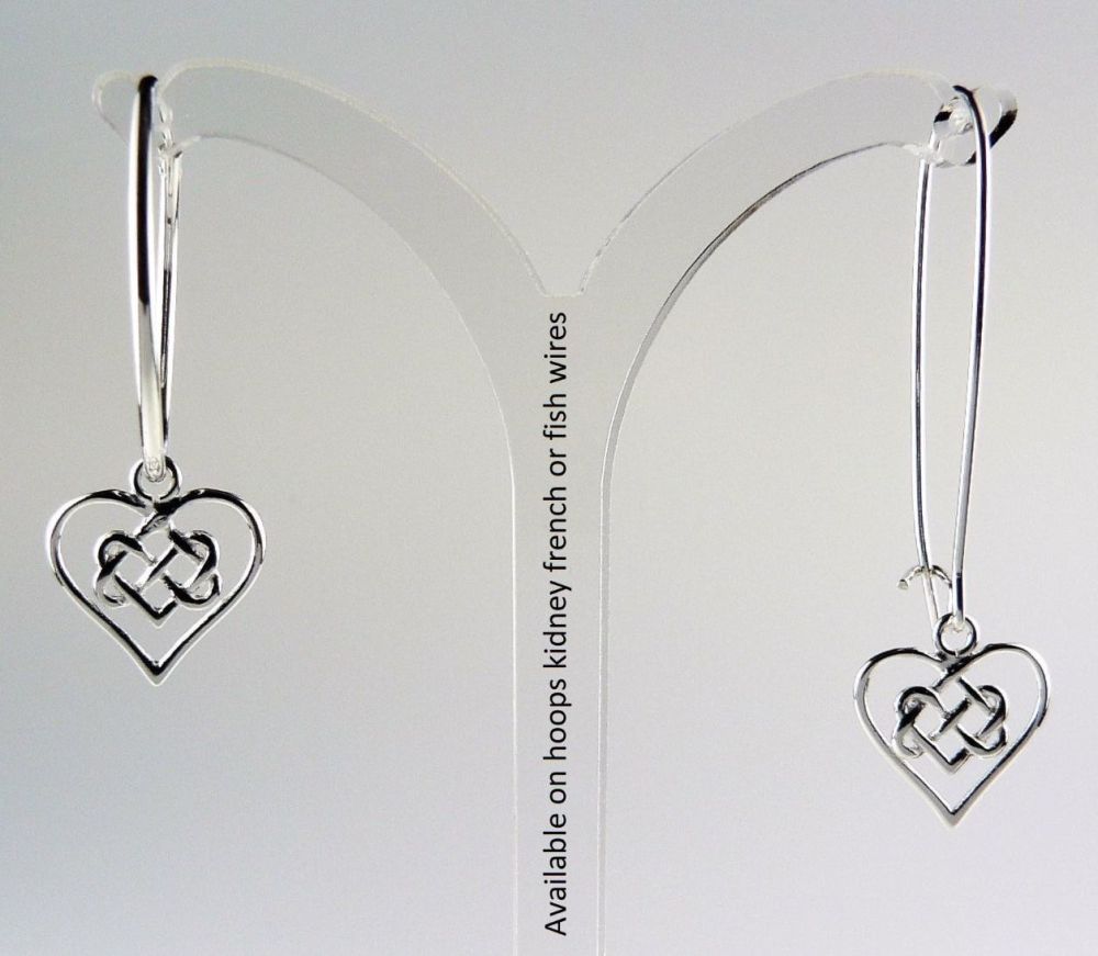 Sterling silver earrings with 13mm infinity knot hearts, on either hoop, kidney, french or fish wires, in a gift box