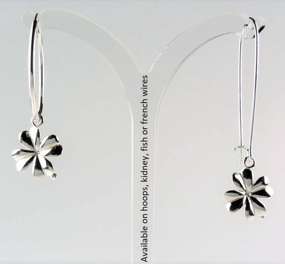 Sterling silver earrings with 14mm lucky clovers, on either hoop, kidney, french or fish wires, in a gift box