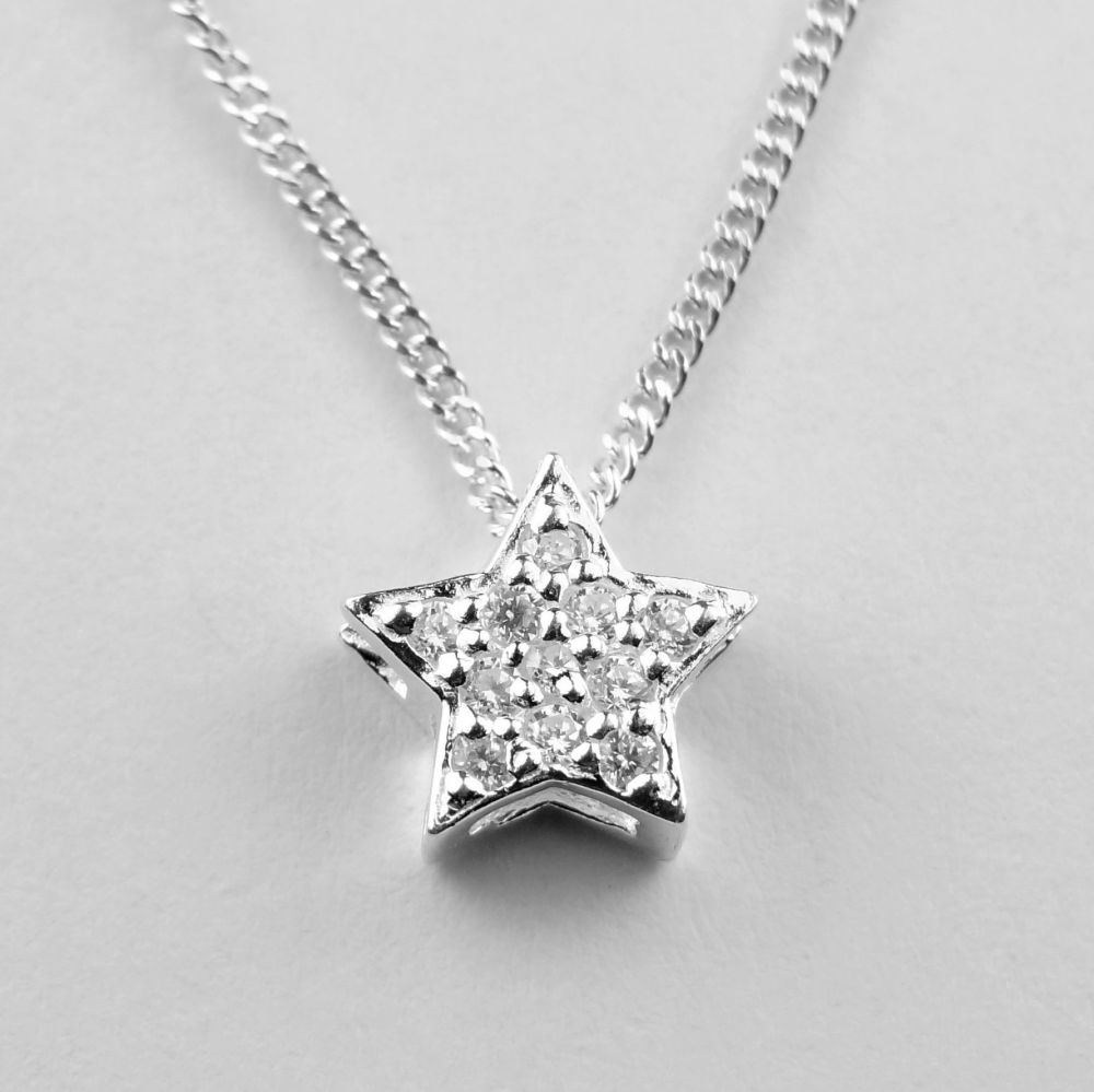 Sterling silver 8mm slider Cubic Zirconia star necklace, in a gift box - choice of 16" or 18" chain - with silver polishing cloth