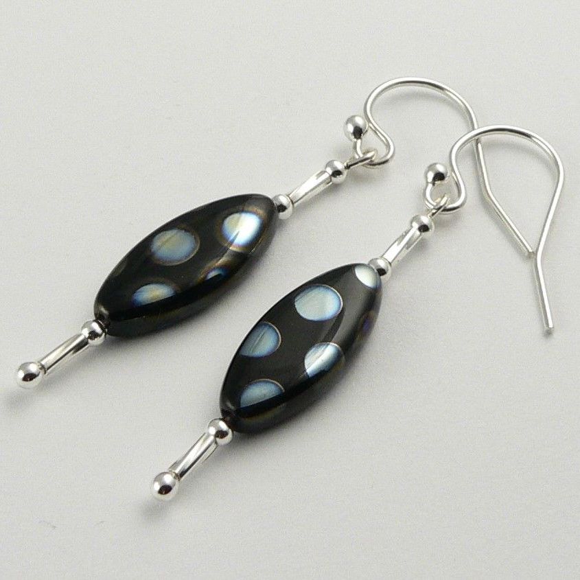 Sterling silver Czech glass earrings, in a gift box (double twist) - Jet Peacock SOV02 (bead 15x6mm)