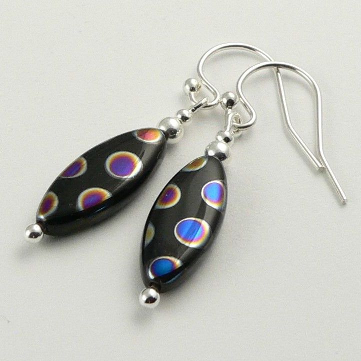 Sterling silver Czech glass earrings, in a gift box - Jet Peacock SOV02 (bead 15x6mm)