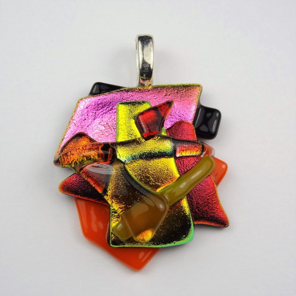 4.8cm textured Dichroic glass pendant, with leather cord & gift box (#30094)