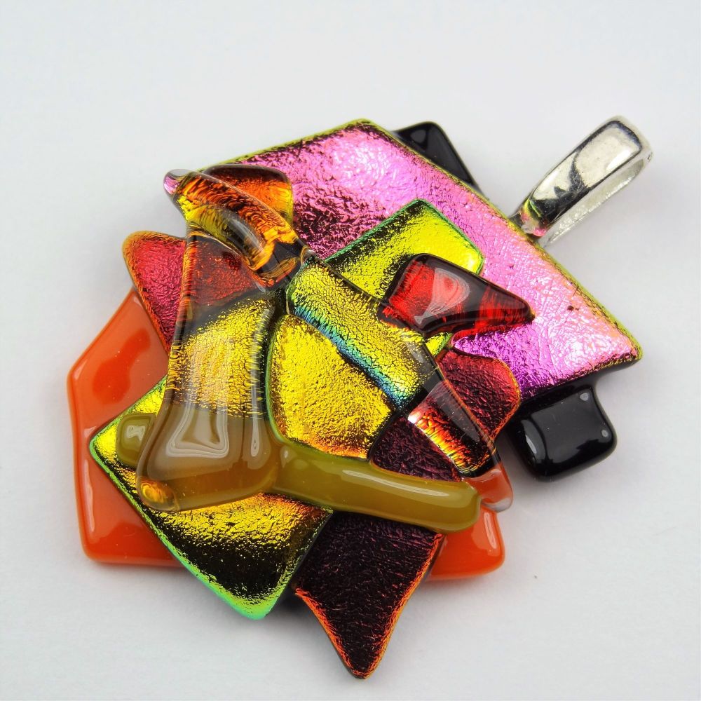 4.8cm textured Dichroic glass pendant, with leather cord & gift box (#30094)