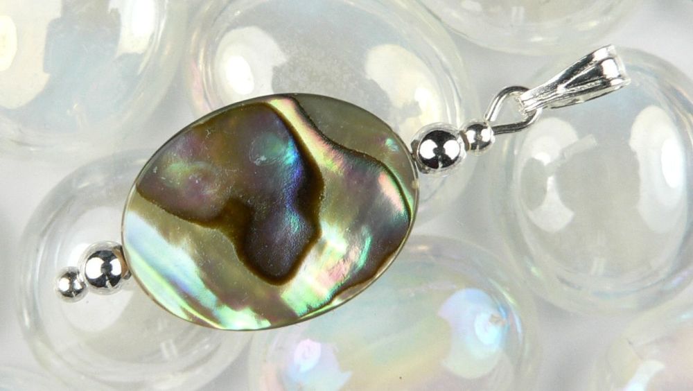 Sterling silver Abalone shell double sided pendant in a gift box (shell 16x12mm +/-) (#10879)