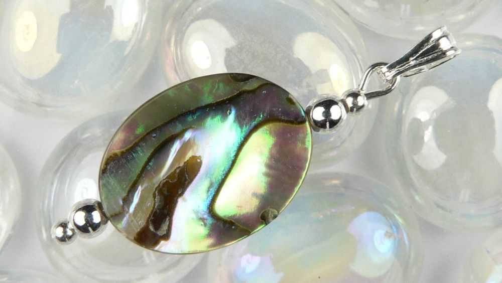 Sterling silver Abalone shell double sided pendant in a gift box (shell 16x12mm +/-) (#10879)