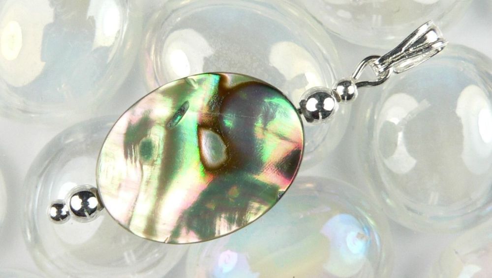 Sterling silver Abalone shell double sided pendant in a gift box (shell 16x12mm +/-) (#11022)