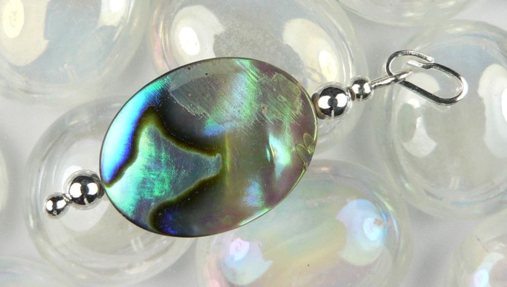 Sterling silver Abalone shell double sided pendant in a gift box (shell 16x12mm +/-) (#11022)