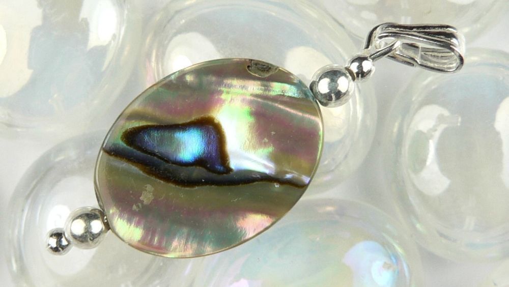 Sterling silver Abalone shell double sided pendant in a gift box (shell 16x12mm +/-) (#10776)