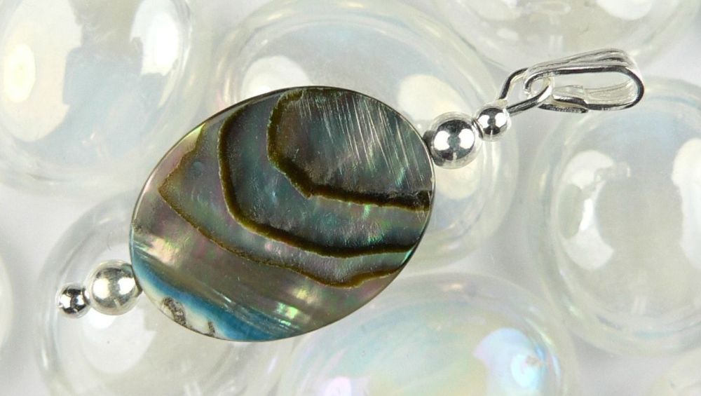 Sterling silver Abalone shell double sided pendant in a gift box (shell 16x12mm +/-) (#10776)