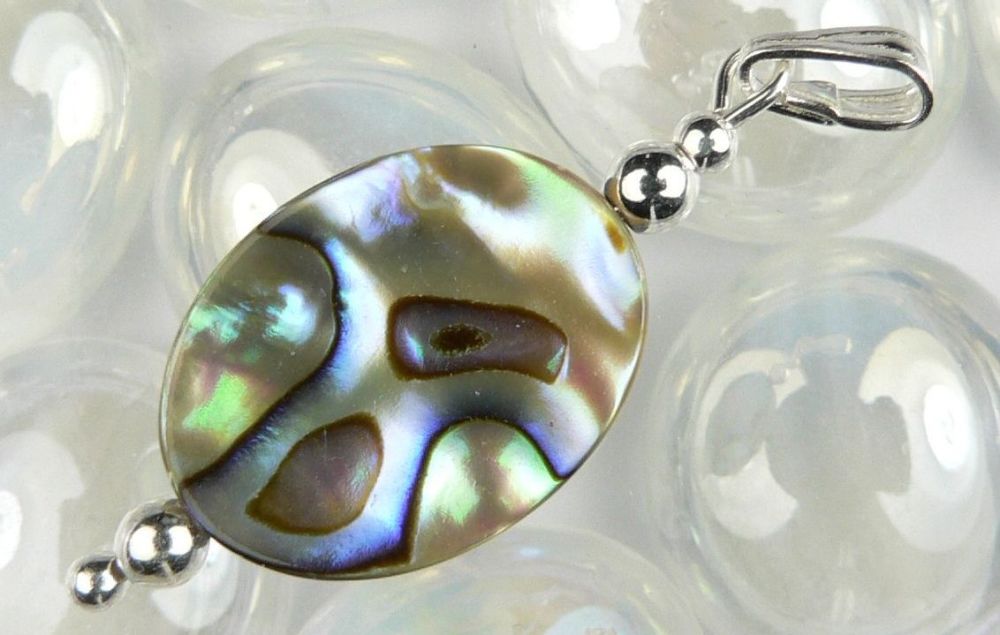 Sterling silver Abalone shell double sided pendant, in a gift box (shell 16x12mm +/-) (#10752)