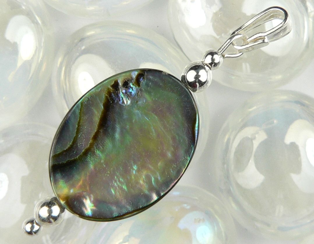 Sterling silver Abalone shell double sided pendant, in a gift box (shell 16x12mm +/-) (#10752)