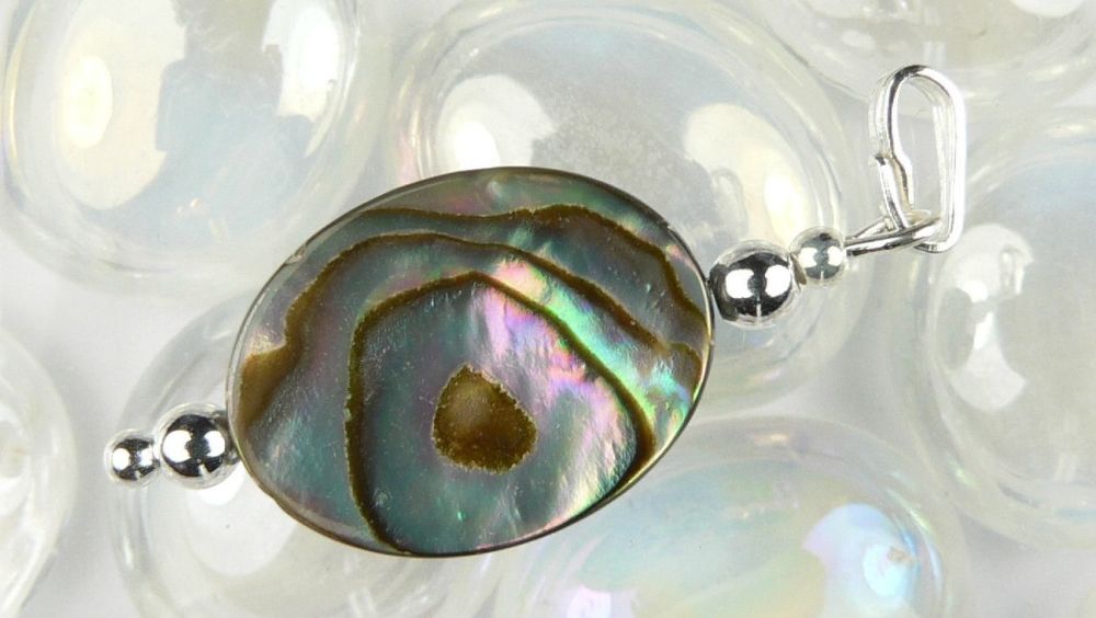 Sterling silver Abalone shell double sided pendant in a gift box (shell 16x12mm +/-) (#10842)