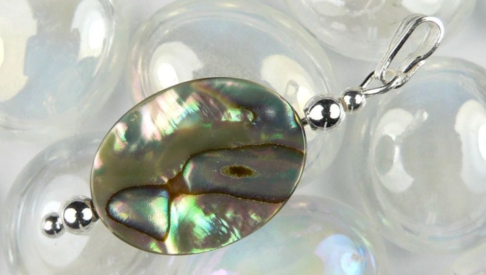 Sterling silver Abalone shell double sided pendant in a gift box (shell 16x12mm +/-) (#10881)