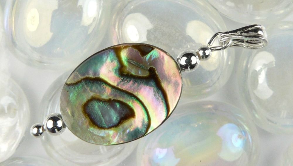 Sterling silver Abalone shell double sided pendant in a gift box (shell 16x12mm +/-) (#10881)