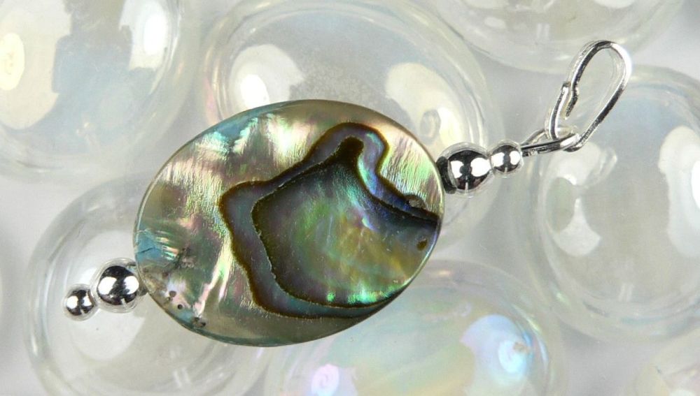 Sterling silver Abalone shell double sided pendant in a gift box (shell 16x12mm +/-) (#10898)