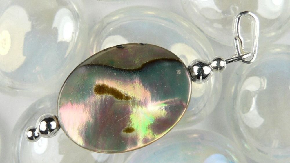 Sterling silver Abalone shell double sided pendant in a gift box (shell 16x12mm +/-) (#10898)