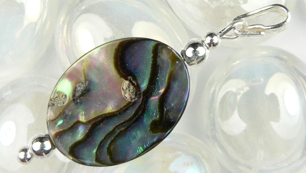 Sterling silver Abalone shell double sided pendant in a gift box (shell 16x12mm +/-) (#10911)