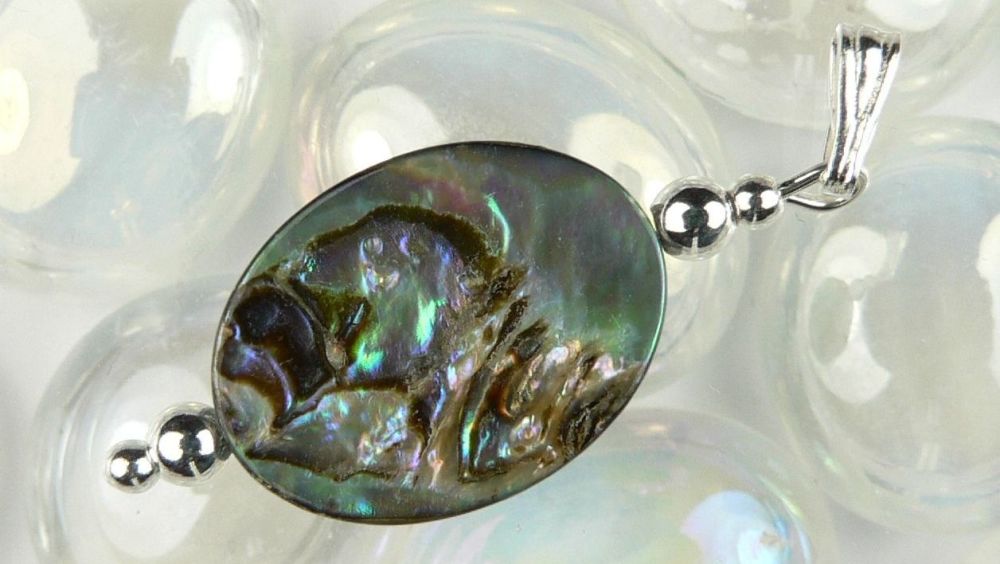 Sterling silver Abalone shell double sided pendant in a gift box (shell 16x12mm +/-) (#11028)