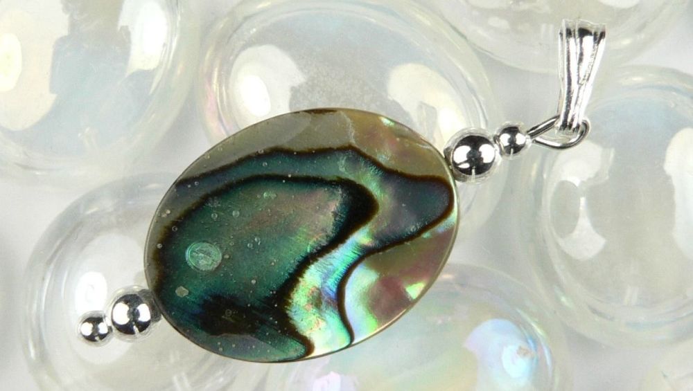 Sterling silver Abalone shell double sided pendant in a gift box (shell 16x12mm +/-) (#11028)