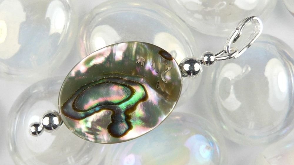 Sterling silver Abalone shell double sided pendant, in a gift box (shell 16x12mm +/-) (#11031)