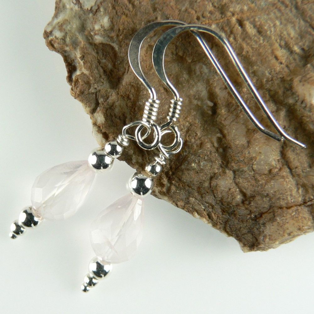 Sterling silver faceted Rose Quartz semi-precious stone drop earrings, in a gift box