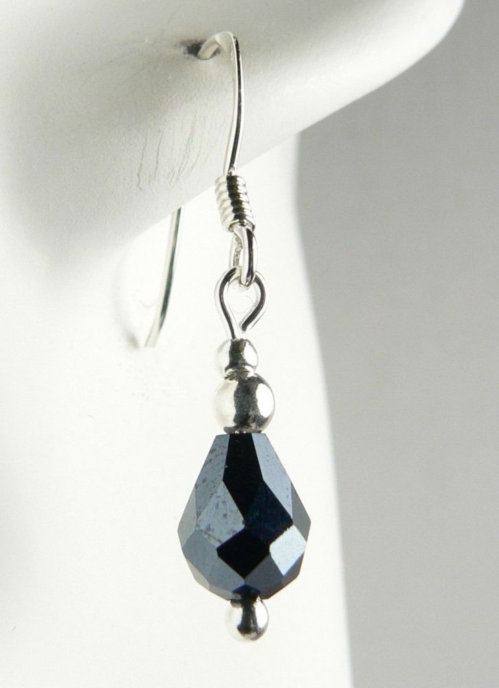 Sterling silver Czech glass faceted drop earrings, in a gift box - faceted glass bead 6x8mm (+/-) (blue-black)