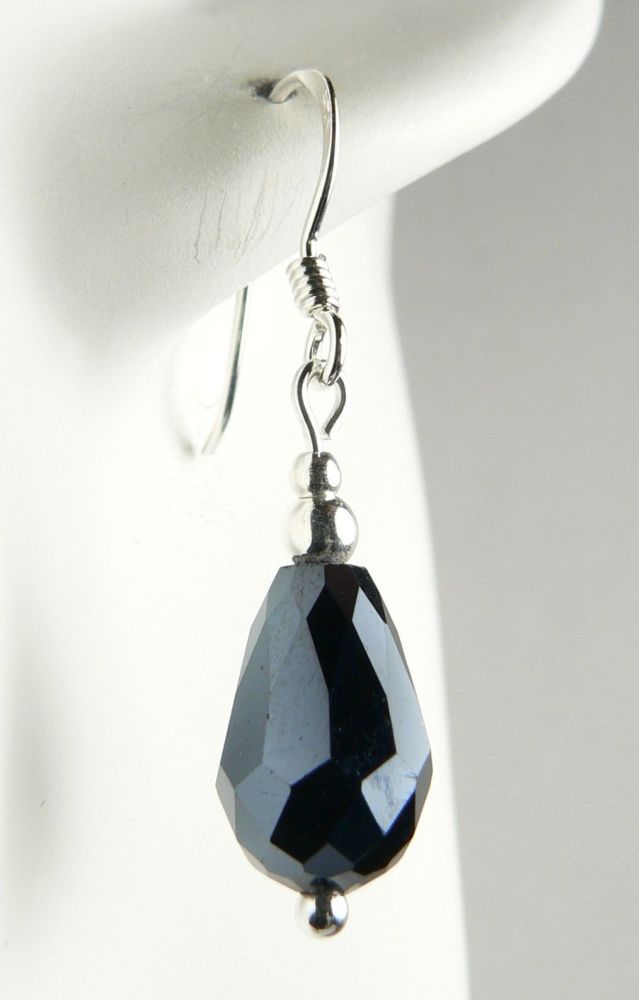 Sterling silver Czech glass faceted drop earrings, in a gift box - faceted glass bead 8x11mm (+/-) (blue-black)