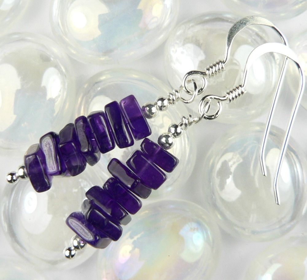 Sterling silver Amethyst heishi semi-precious stone earrings, in a gift box