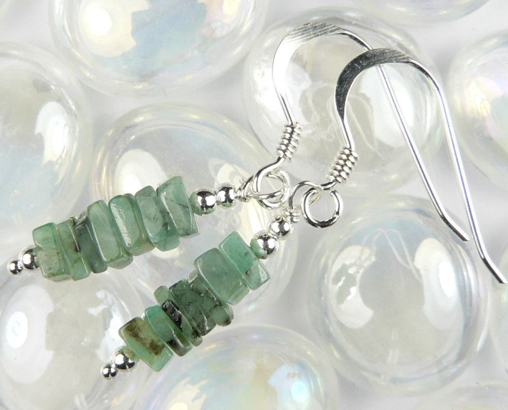 Sterling silver green Emerald heishi semi-precious stone earrings, in a gift box