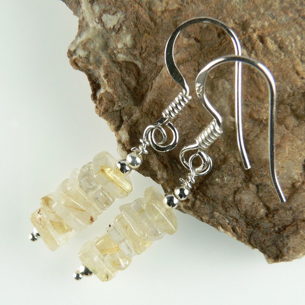 Sterling silver Golden Rutilated Quartz heishi semi-precious stone earrings, in a gift box