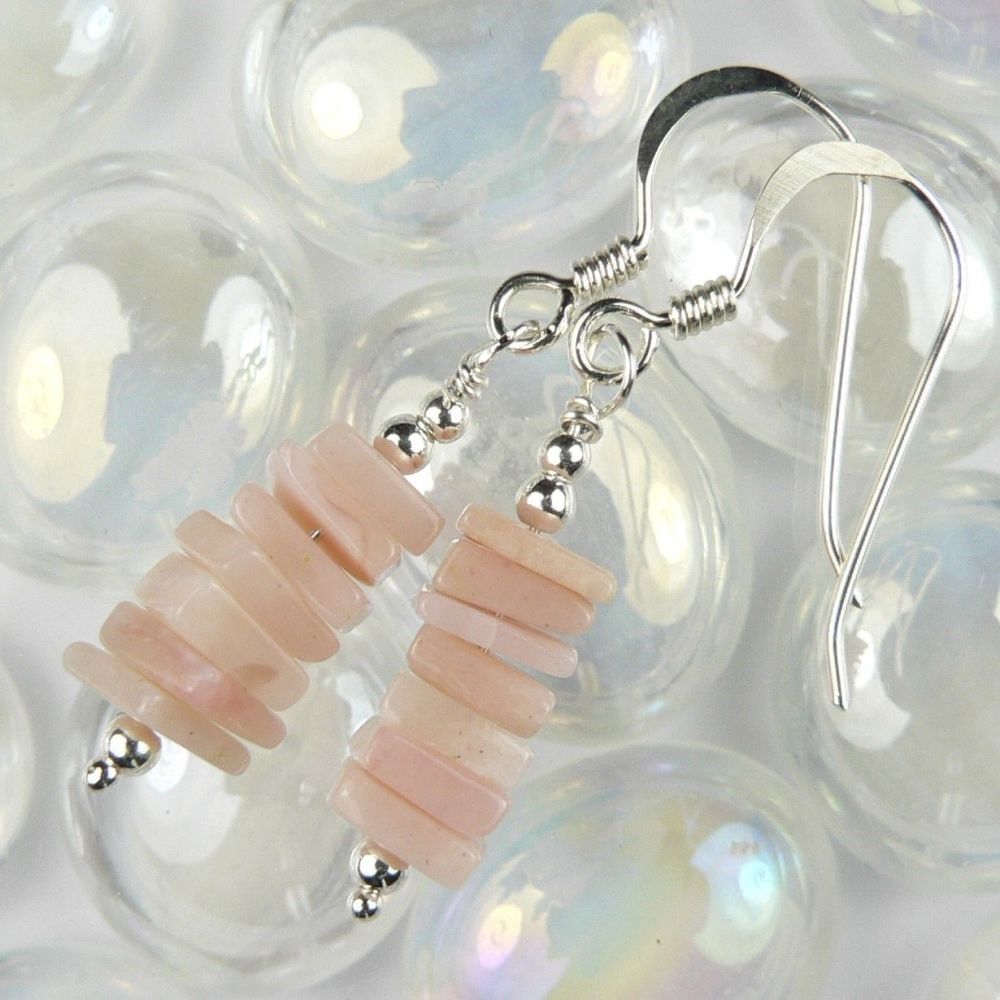 Sterling silver Pink Opal heishi semi-precious stone earrings, in a gift box