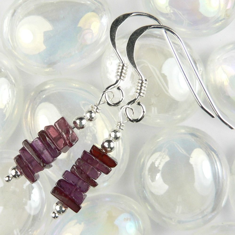 Sterling silver Rhodolite Garnet heishi semi-precious stone earrings, in a gift box