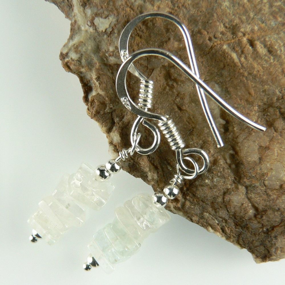 Sterling silver Aquamarine (very pale blue) heishi semi-precious stone earrings, in a gift box