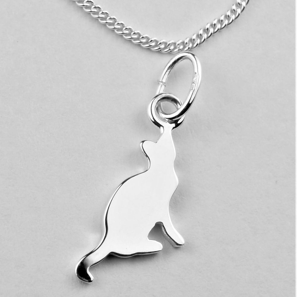 Sterling silver 10mm cat necklace with a 16" or 18" fine curb chain, in a gift box, with silver polishing cloth