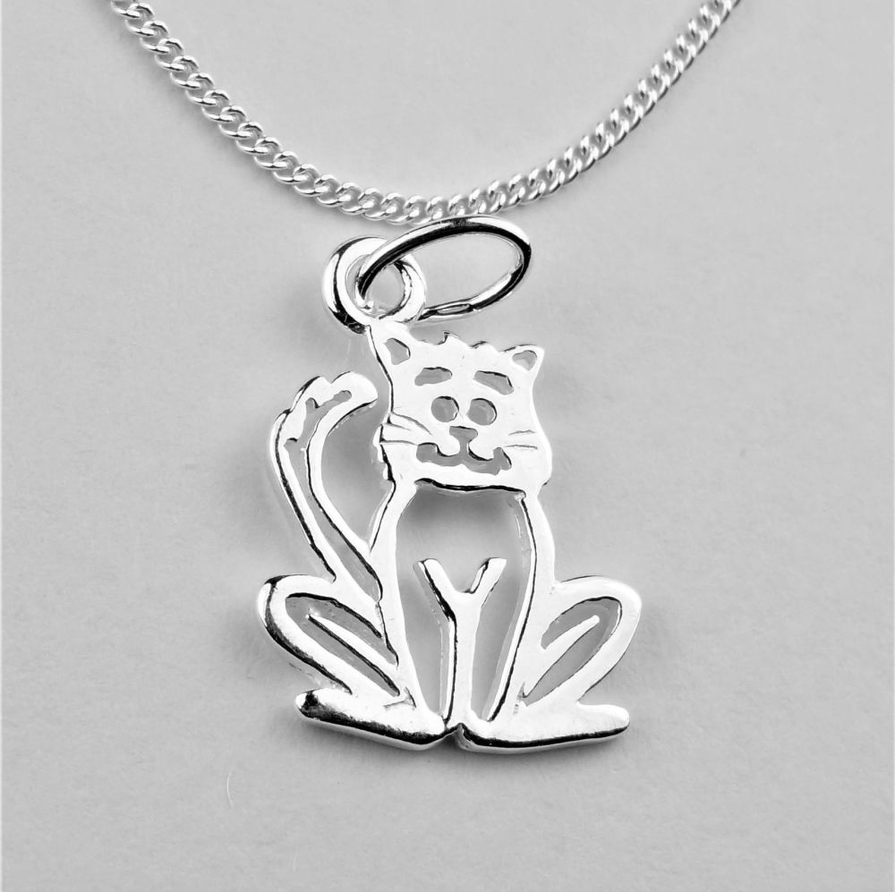 Sterling silver 15mm cat necklace with a 16" or 18" fine curb chain, in a gift box, with silver polishing cloth