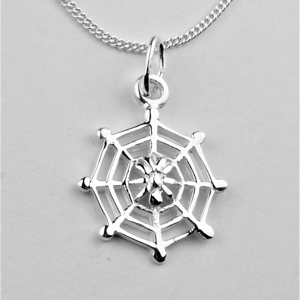 Sterling silver 14mm cobweb & spider necklace with a 16" or 18" fine curb chain, in a gift box