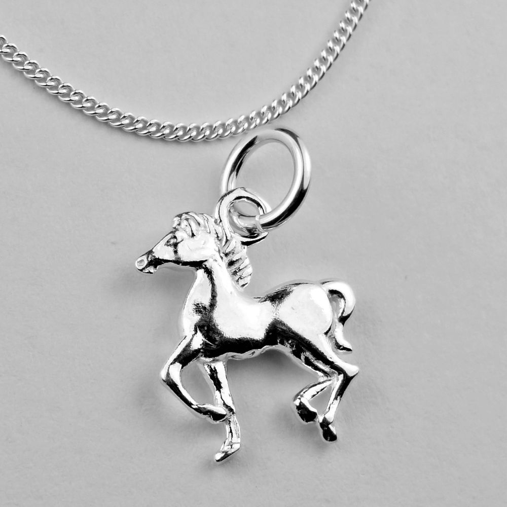 Sterling silver 14mm horse necklace with a 16" or 18" fine curb chain, in a gift box